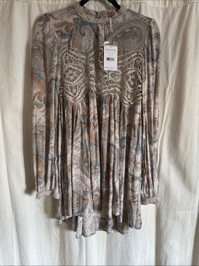 Free People Beige Paisley High-Low Top with Crochet trim
